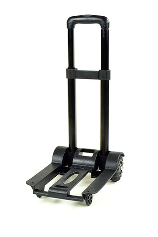 An upright black plastic cart with wheels on it.