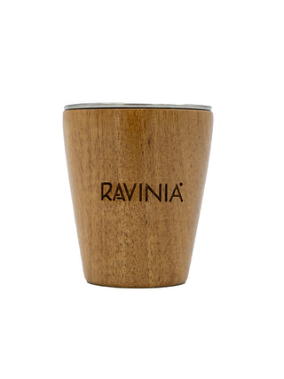 Acacia wood shot glass with a stainless steel interior and Ravinia etched on the side.