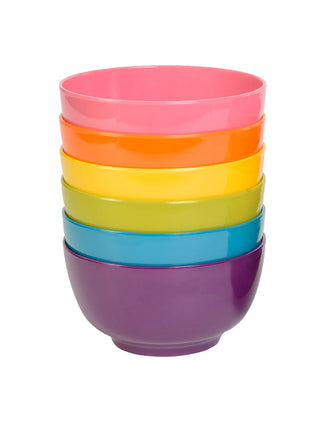 A stack of six bowls, each a different color, with purple on the bottom and pink on top.