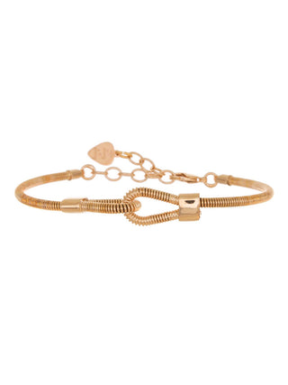 A gold loop bracelet made out of a bass guitar string, with loops in front and extender chain in back.
