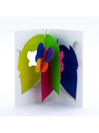 An open white pop-up card with green and pink leaves, a blue and orange butterfly, and a pink worm.