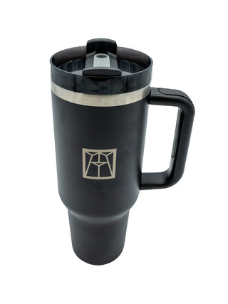 Black stainless steel water bottle with a handle, plastic lid, and the Ravinia logo.