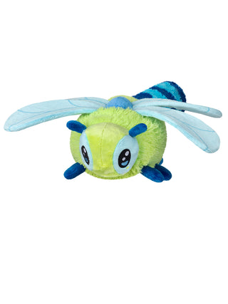 A green and blue plush version of a dragonfly, facing forward.