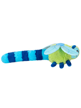 A green and blue version of a plush dragonfly, seen from the side.
