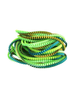 A lime green, turquoise, gold, and light green colored multi-strand pleated fabric necklace, coiled.