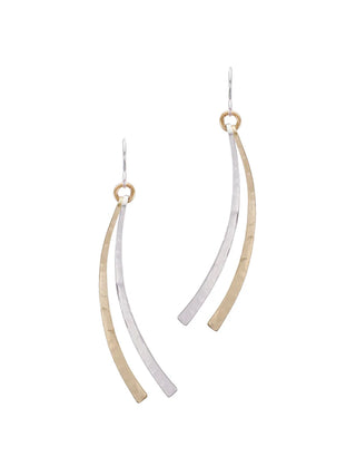 Pair of wire earrings with two brass and silver long slender curved pieces.