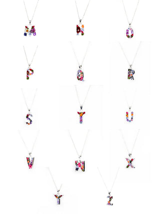 A series of images showing the initial flower pendants M-Z  on a sterling silver chain.