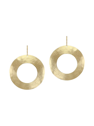Brass wire earrings with a large textured ring.