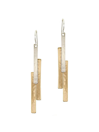 Three long layered rectangles made of brass and silver on wire earrings.