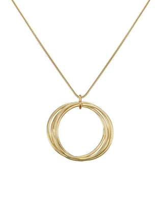 A brass necklace with four brass circles and a brass snake chain.