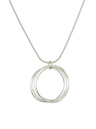 A silver necklace with four silver circles and a silver snake chain.
