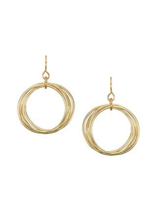 Earrings made up of a cluster of four brass hoops on a wire backing.