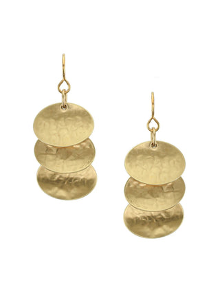 Brass wire earrings with three tiered concave brass discs.