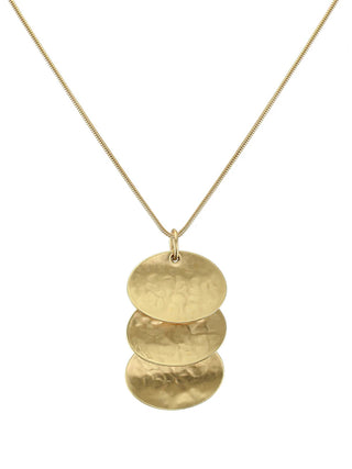 Necklace with three tiered brass discs on a brass snake chain.