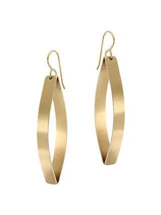 A pair of earrings made of large brass pointed ovals.
