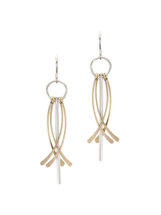 Wire earrings with a silver pole and four curved brass pieces hanging from a pole.