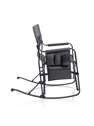 A gray foldable rocking camp chair from a side angle, displaying an arm caddy with three storage areas and a drink holder.
