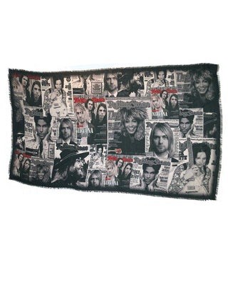 Flat scarf covered with images of rock stars from Rolling Stone magazine covers.