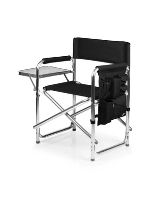 A black folding sports chair from a front angle.