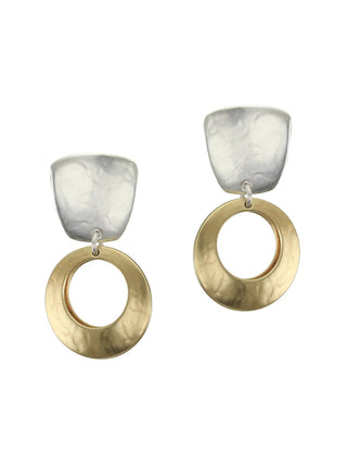 Pair of silver square clip earrings with a gold back-to-back hoop.