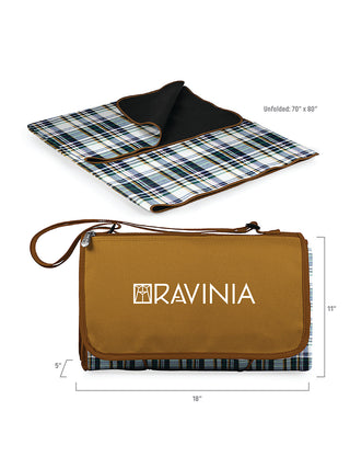 The beige and English plaid blanket tote with dimensions: unfolded, 70" x 80"; folded, 5" x 18" x 11".