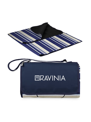 A blue and blue striped blanket tote in its unfolded form on top, and the folded tote form on the bottom.