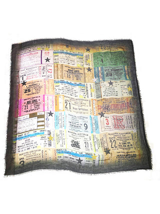 Flat scarf with images of old concert tickets, from Rick James to Bruce Springsteen and more.