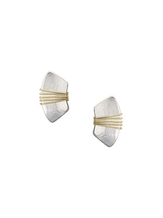 Silver fan-shaped post earrings with brass wire wrapped around it five times.