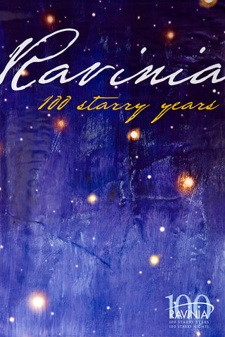 A dark blue sky, almost like a canvas, with stars above and the words Ravinia 100 Starry Years.