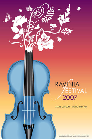 A blue violin sprouting flowering plants with adjacent wording of Ravinia Festival 2007 and James Conlon, Music Director.