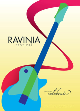 A blue and green guitar with a yellow background and a curved red ribbon behind it, with the words what will you celebrate? in the lower right.