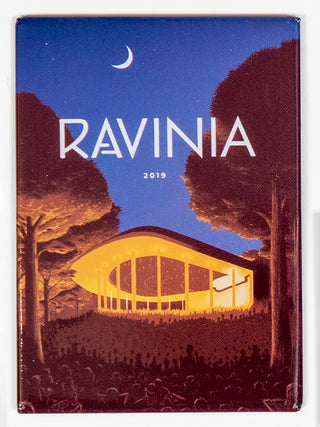 Dramatically lit Ravinia’s Pavilion among exaggerated trees, with a crescent moon and soft sky above.