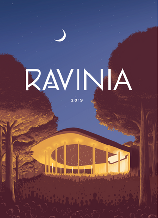 Dramatically lit Ravinia’s Pavilion among exaggerated trees, with a crescent moon and soft sky above. 