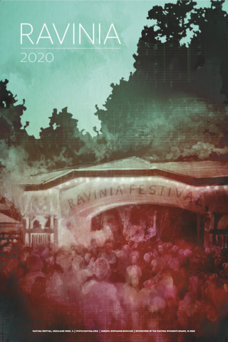 Ravinia Festival gate on a warm summer night under a clear sky with a crowd gathering at dusk.