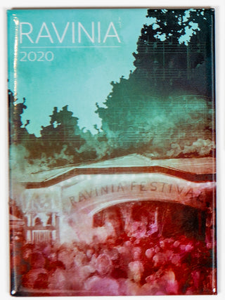 Ravinia Festival gate on a warm summer night under a clear sky with a crowd gathering at dusk.