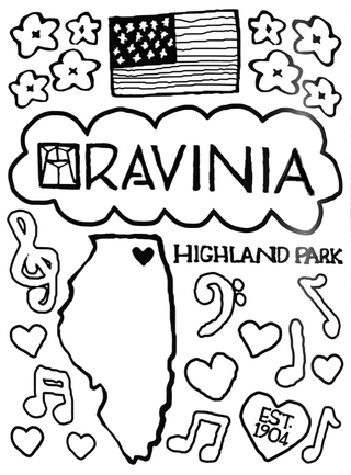 An American flag above the word Ravinia and the logo. Below, musical notes, the words Highland Park, and the state of Illinois.