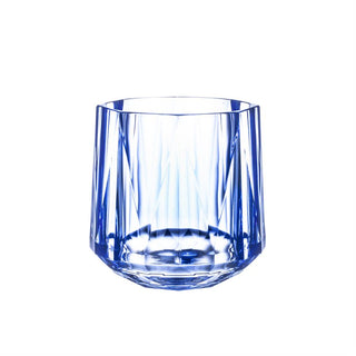 A blue-toned stemless tumbler.