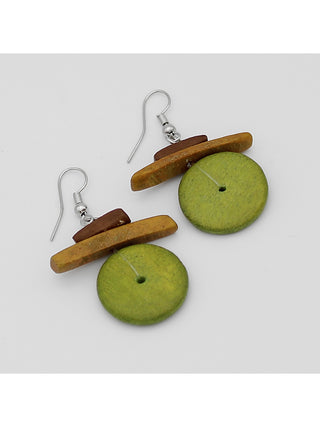 These  olive green and natural wood disc earrings hang from a silver-plated French hook.