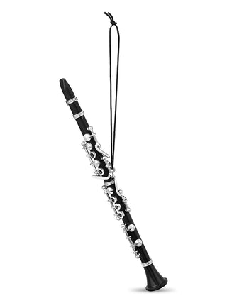 An ornament that looks exactly like a black clarinet, complete with reed mouthpiece., with a cord for hanging