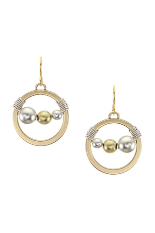 A brass ring with three brass and silver beads and wire wrapping comprise these earrings.