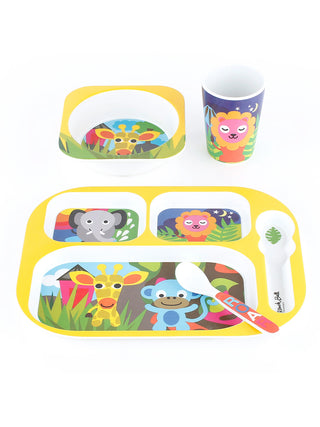 A bowl , cup, and tray with spoon, all with jungle animals: giraffes, monkeys, lions, elephants, giraffes..