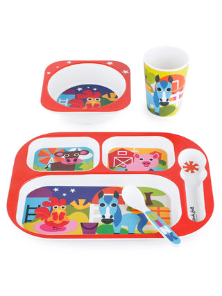 A tray, bowl and cup, all with farm themes, and a spoon with the word OINK on it.