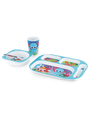 A cup, bowl and tray with spoon, all in a happy sea creatures design.