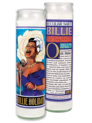 A votive candle shown both front and back, with an image of Billie Holiday on the front and the story of her secular sainthood on the back.