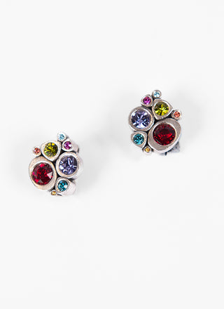 Two earrings styled flat, with sterling silver plating and accented with multicolored Austrian crystals to add sparkle.