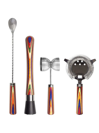 A four piece barware set, each piece with a vibrantly colored handle.