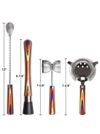 A four piece barware set, each piece with a vibrantly colored handle., and the measurements of each piece.