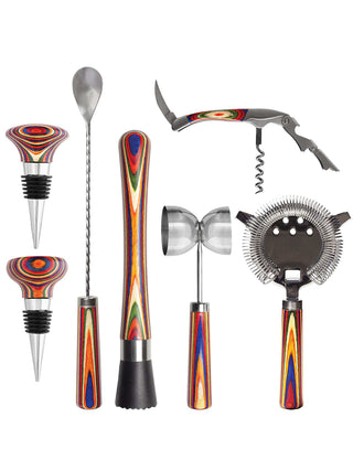 A seven piece bartenting set, each piece sporting a vibrantly colored handle.