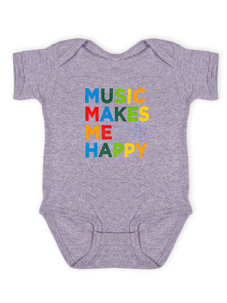 A gray onesie with bright multicolored letters on that read, MUSIC MAKES ME HAPPY