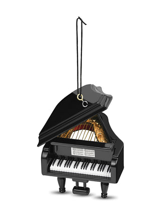 A black grand piano in ornament form, its top open and interior strings showing, with a cord at the top for hanging.